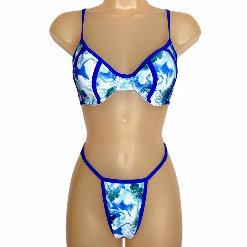 New Medium Blue Floral Adjustable Bikini Swimsuit Set Underwire Balconette Retro